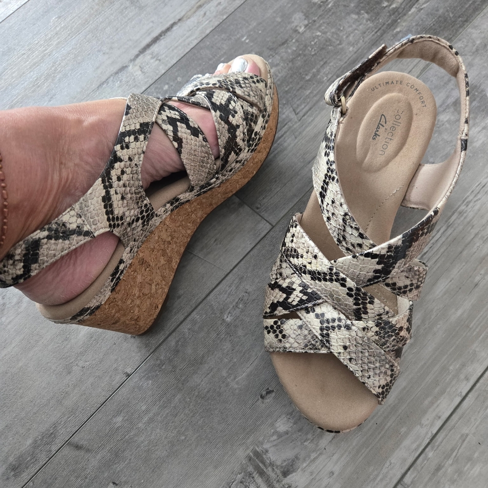 Cork Wedge Sandals with Snakeskin Pattern